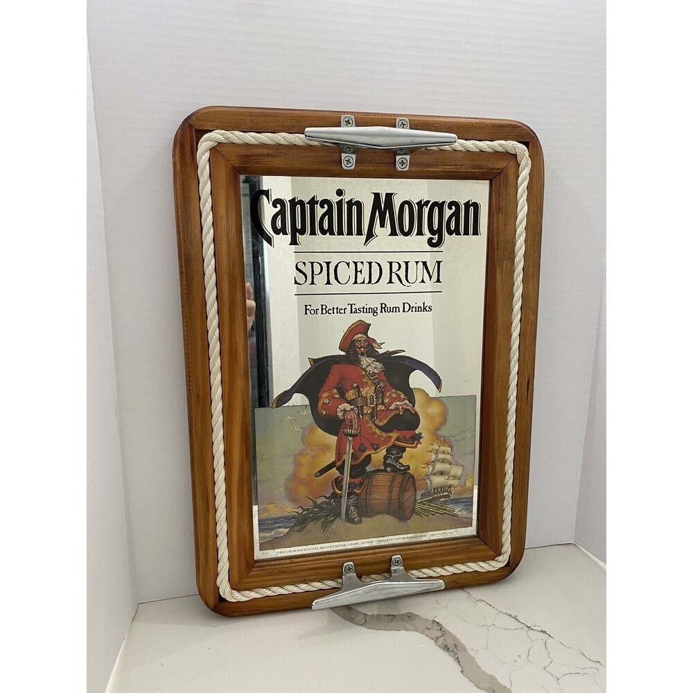 Vintage Captain Morgan Spiced Rum Mirror Tray Nautical Bar Pirate 15.5" X 21.5"